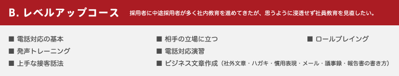 B.レベルアップコース　採用者に中途採用者が多く社内教育を進めてきたが、思うように浸透せず社員教育を見直したい。