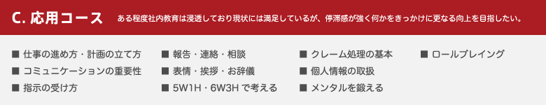 C.応用コース　ある程度社内教育は浸透しており現状には満足しているが、停滞感が強く何かをきっかけに更なる向上を目指したい。