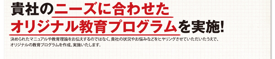 貴社のニーズに合わせたオリジナル教育プログラムを実施!決められたマニュアルや教育理論をお伝えするのではなく、貴社の状況やお悩みなどをヒヤリングさせていただいたうえで、オリジナルの教育プログラムを作成、実施いたします。