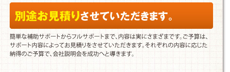 別途お見積りさせていただきます。簡単な補助サポートからフルサポートまで、内容は実にさまざまです。ご予算は、サポート内容によってお見積りをさせていただきます。それぞれの内容に応じた納得のご予算で、会社説明会を成功へと導きます。