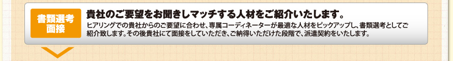 書類選考面接／貴社のご要望をお聞きしマッチする人材をご紹介いたします。