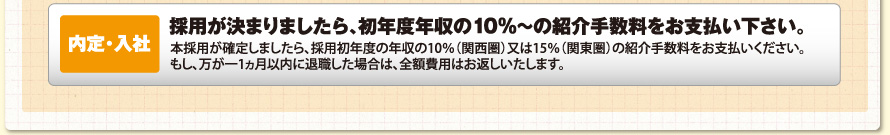 内定・入社。採用が決まりましたら、初年度年収の10％〜の紹介手数料をお支払い下さい。