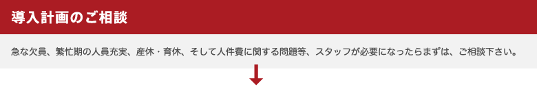 導入計画のご相談／急な欠員、繁忙期の人員充実、産休・育休、そして人件費に関する問題等、スタッフが必要になったらまずは、ご相談下さい。