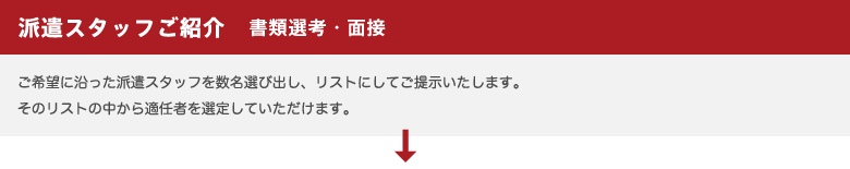 派遣スタッフご紹介　書類選考・面接／ご希望に沿った派遣スタッフを数名選び出し、リストにしてご提示いたします。
そのリストの中から適任者を選定していただけます。