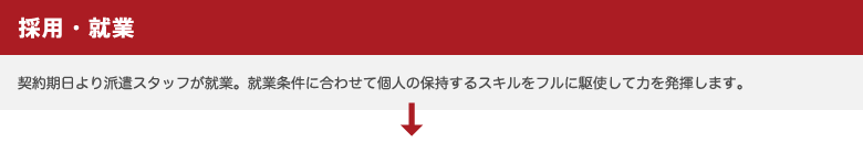 採用・就業／契約期日より派遣スタッフが就業。就業条件に合わせて個人の保持するスキルをフルに駆使して力を発揮します。